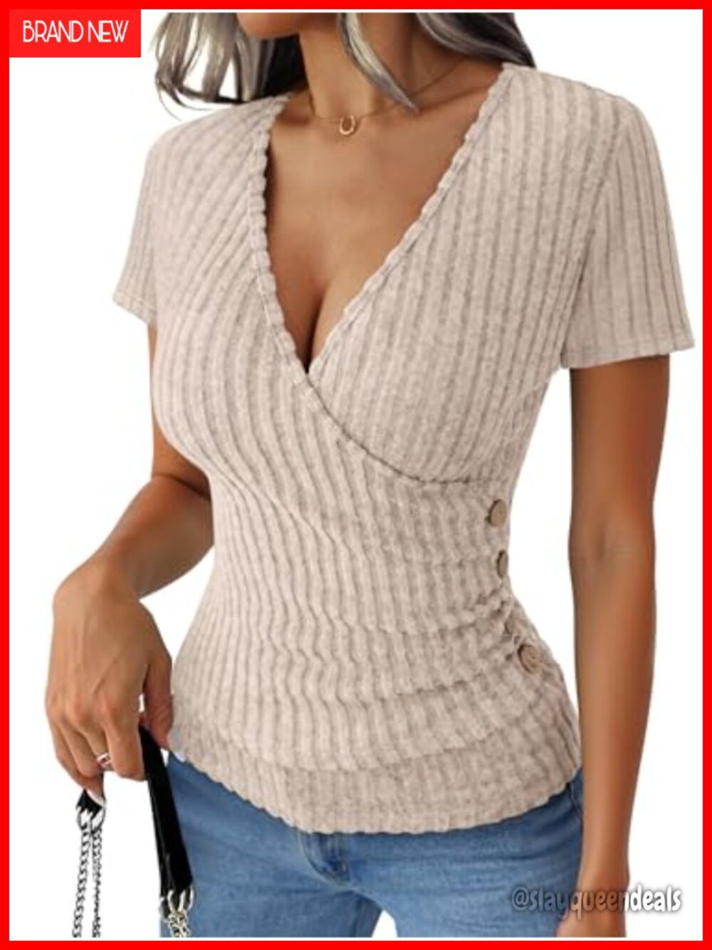 Women's Short Sleeve V Neck Ribbed Knit Top Slim Fit Casual Shirt